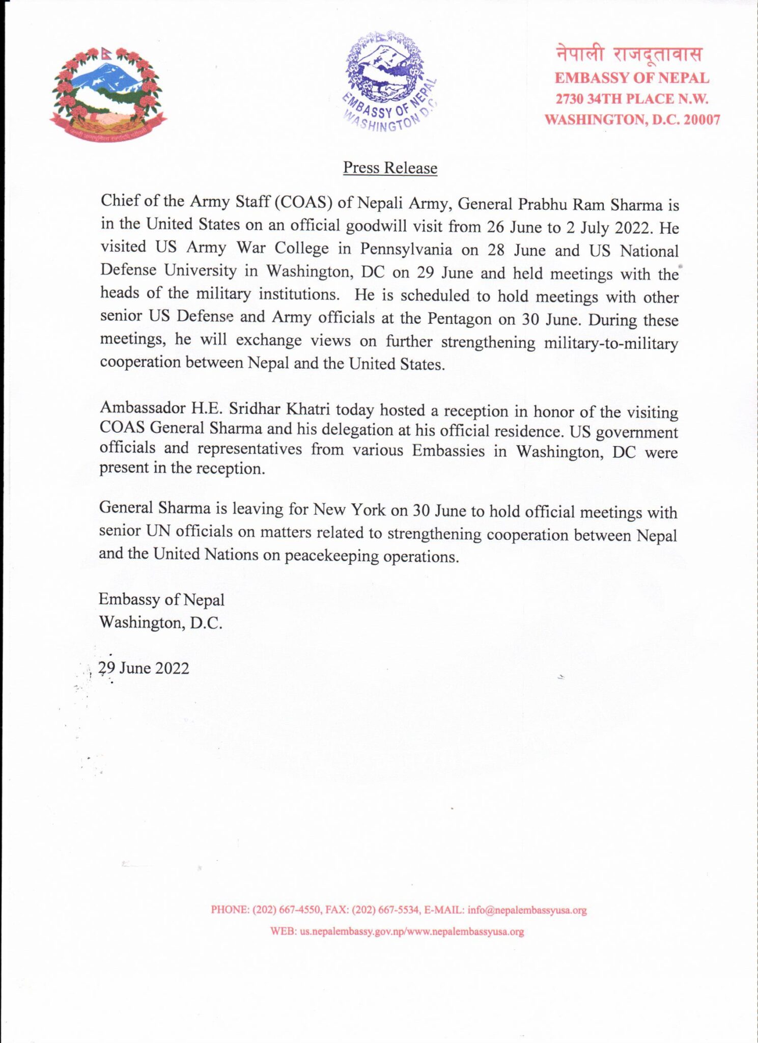 Press Release Embassy of Nepal, Washington DC, USA